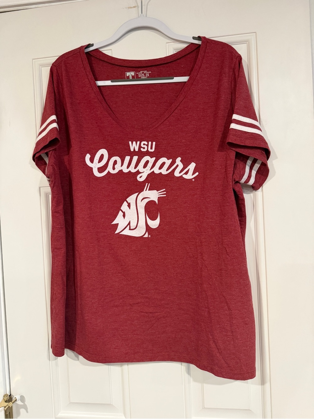 WSU Cougars Women's V-Neck Tee - Crimson with White Logo